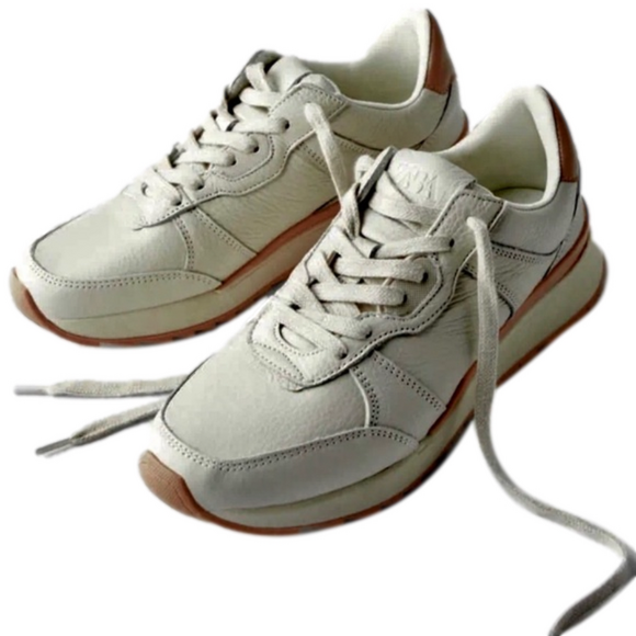 Zara Shoes - Zara Off White and Pink Leather Lace Up Chunky Sneakers size 7